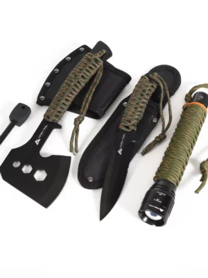 Ozark Trail 6 Piece Paracord Handle Camping Survival Tool Kit with 5" Fixed Knife, 4" Hatchet, 300-Lumen Flashlight and Fire Rod